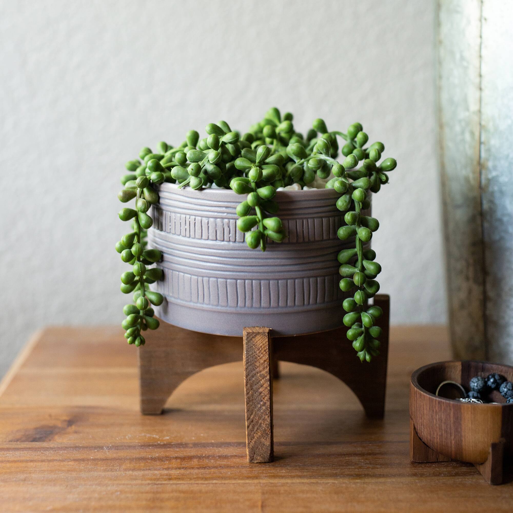 Flora Bunda 5" Matte Gray Pueblo Pot Planter With Wood Stand